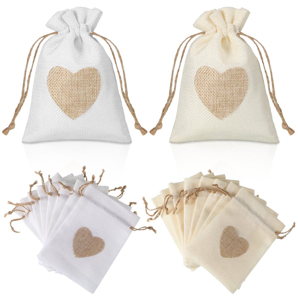Zhengmy 100 Pcs Heart Burlap Bags 4 x 6 Inch Drawstring Linen Gift Pouch, Mini Gift Jewelry Drawstring Burlap Bag for Valentines Day Wedding Birthday Easter Christmas Party Favors