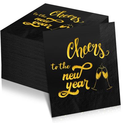 Sinmoe 100 Pcs New Years Eve Napkins Cocktail 2026 Disposable Paper Gold and Black Napkins for Party Decorations Table Decor