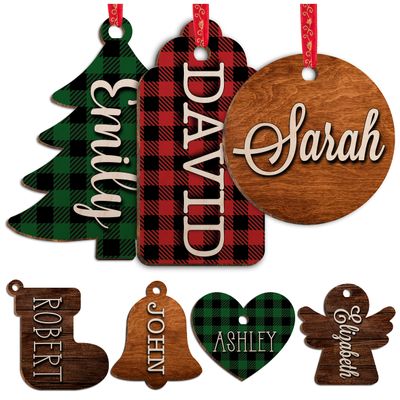 Personalized Christmas Name Tag w/Name - 4 Background & 8 Shapes - Customized Christmas Stocking Tags for Stocking - Round Wood Gift Tag for Xmas Decor - Custom Wooden Rectangular Nametag Gift Card C2