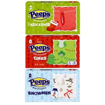 Christmas Peeps Marshmallow Candy Assortment, Snowmen, Trees and Stockings, Holiday Themed Candies for Cupcake Toppers and Gifts (Pack of 3)