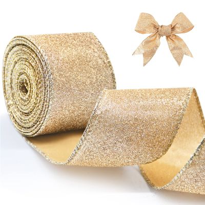 2.5" X 10 Yards Christmas Ribbon for Gift Wrapping, Metallic Glitter Wired Ribbon for Christmas Tree, Garland, Wreath, DIY Crafts Ornaments, Xmas Decorations Holiday Party Decor (Champagne Gold)