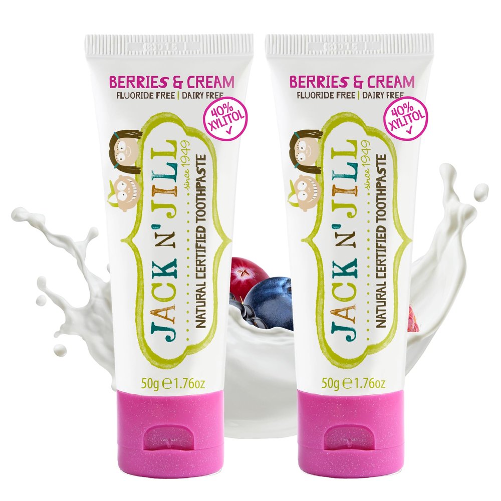 Jack N' Jill Natural Toddler Toothpaste - Fluoride Free Training Toothpaste for Toddlers 1-3, 40% Xylitol, BPA Free - Berries N' Cream, 1.76 oz (Pack of 2)