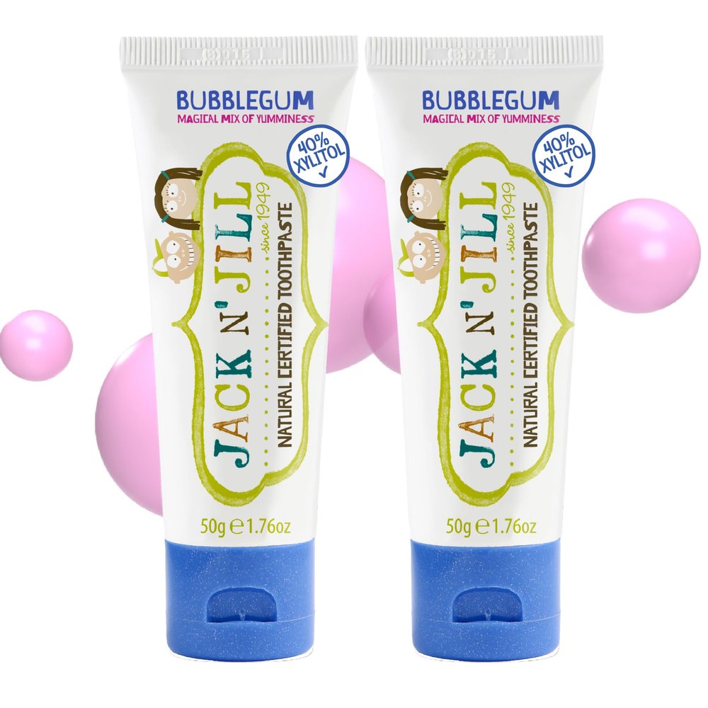 Jack N' Jill Natural Toothpaste for Kids - Fluoride Free Toothpaste, 40% Xylitol, BPA Free - Bubblegum, 1.76 oz (Pack of 2)