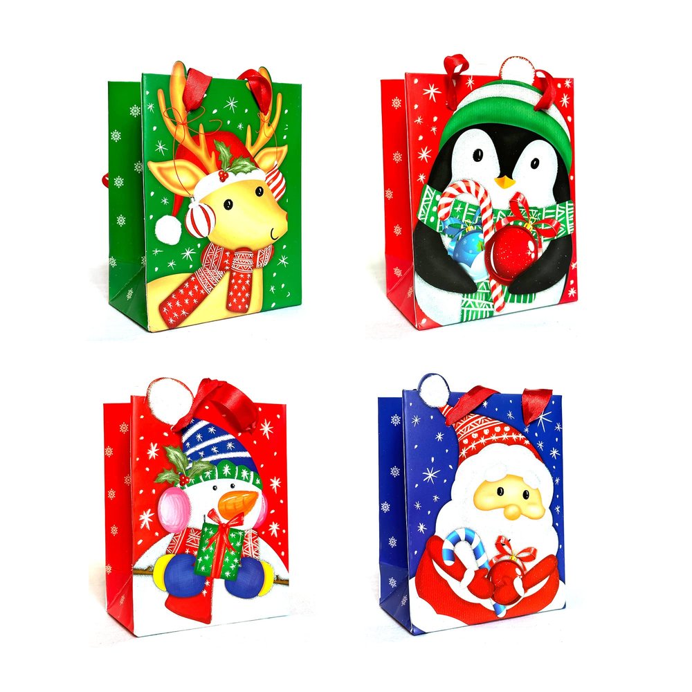 allgala 12-PC (6 x4.75 inch) Premium Vivid Cartoon Design Glitter Chritmas Gift Bag-GP91070