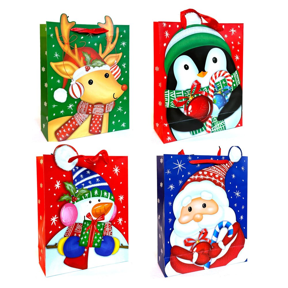 allgala 12-PC (12.5x10.25 inch) Premium Vivid Cartoon Design Glitter ChristmasGift Bag-GP91072