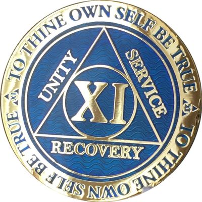 11 Year AA Medallion Reflex Blue Gold Plates Sobriety Chip XI