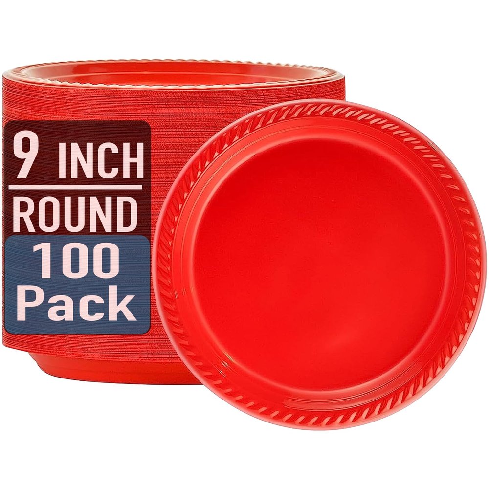 17supply Disposable Plastic Plates Red, Pack of 100pcs 9" Round Plastic Plates for Special Events, Parties, Dinners, Picnics, or Travel.