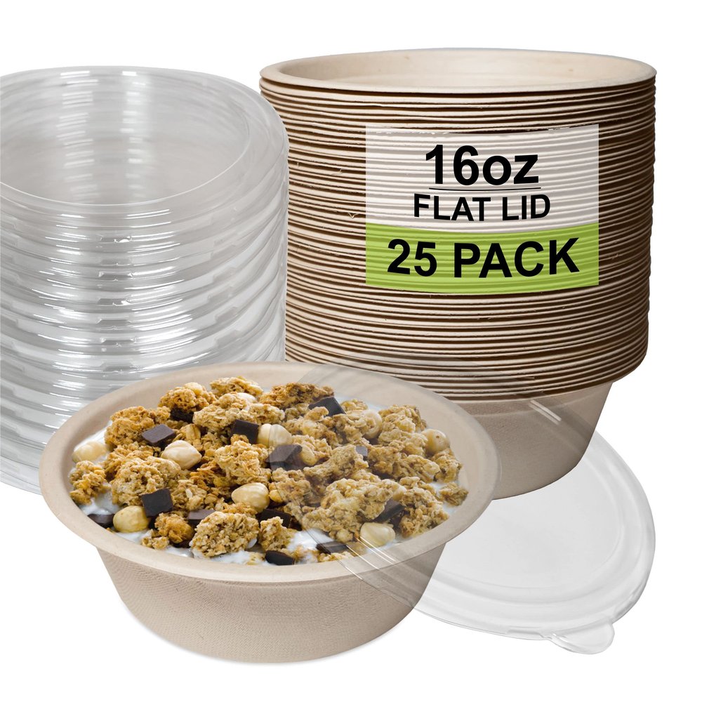 [25 Pack] 16 oz Compostable Paper Bowls with Lids Heavy-Duty Disposable Bowls, Eco-Friendly Natural Bagasse Unbleached, Hot or Cold Use, 100% Biodegradable Soup Bowls Sugarcane