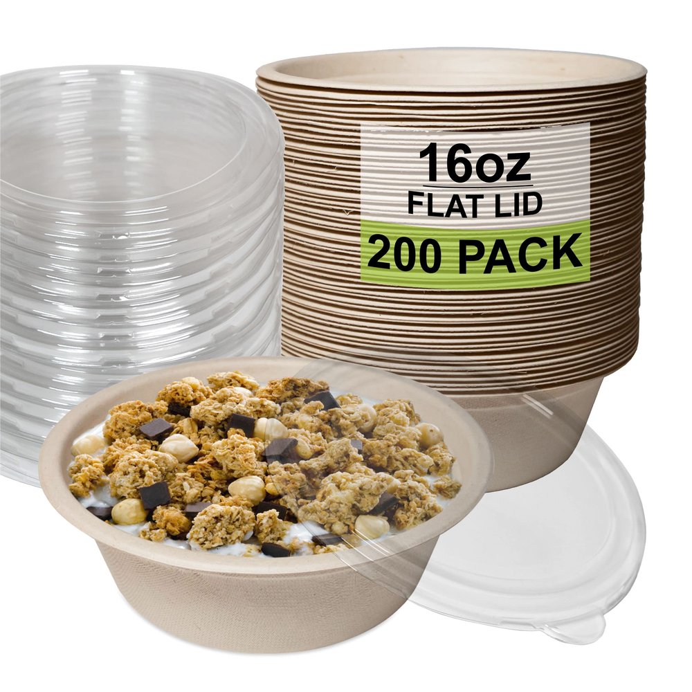 [200 Pack] 16 oz Compostable Paper Bowls with Lids Heavy-Duty Disposable Bowls, Eco-Friendly Natural Bagasse Unbleached, Hot or Cold Use, 100% Biodegradable Soup Bowls Sugarcane
