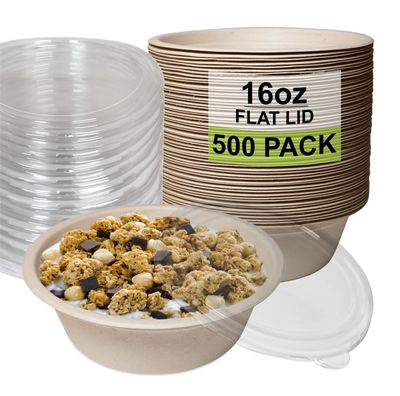 [500 Pack] 16 oz Compostable Paper Bowls with Lids Heavy-Duty Disposable Bowls, Eco-Friendly Natural Bagasse Unbleached, Hot or Cold Use, 100% Biodegradable Soup Bowls Sugarcane