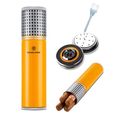Cigar Travel Humidor for 3 to 4 Cigars Stainless Steel Portable Travel Cigar Tube Built in Hygrometer & Humidifier, YellowGifts for Men