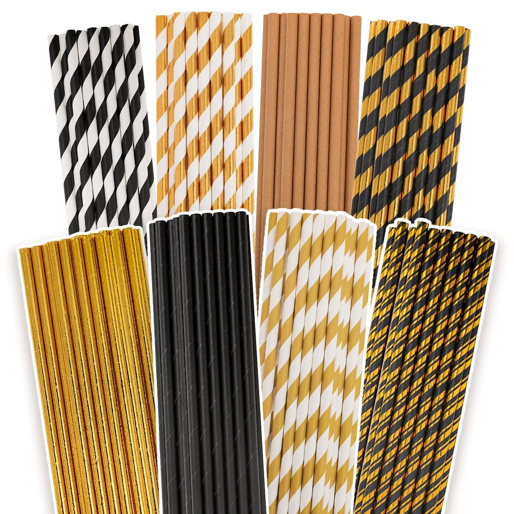 qiqee Gold Stripe Straws for Drinking150pcs Disposable Straws Bulk8 Pattern