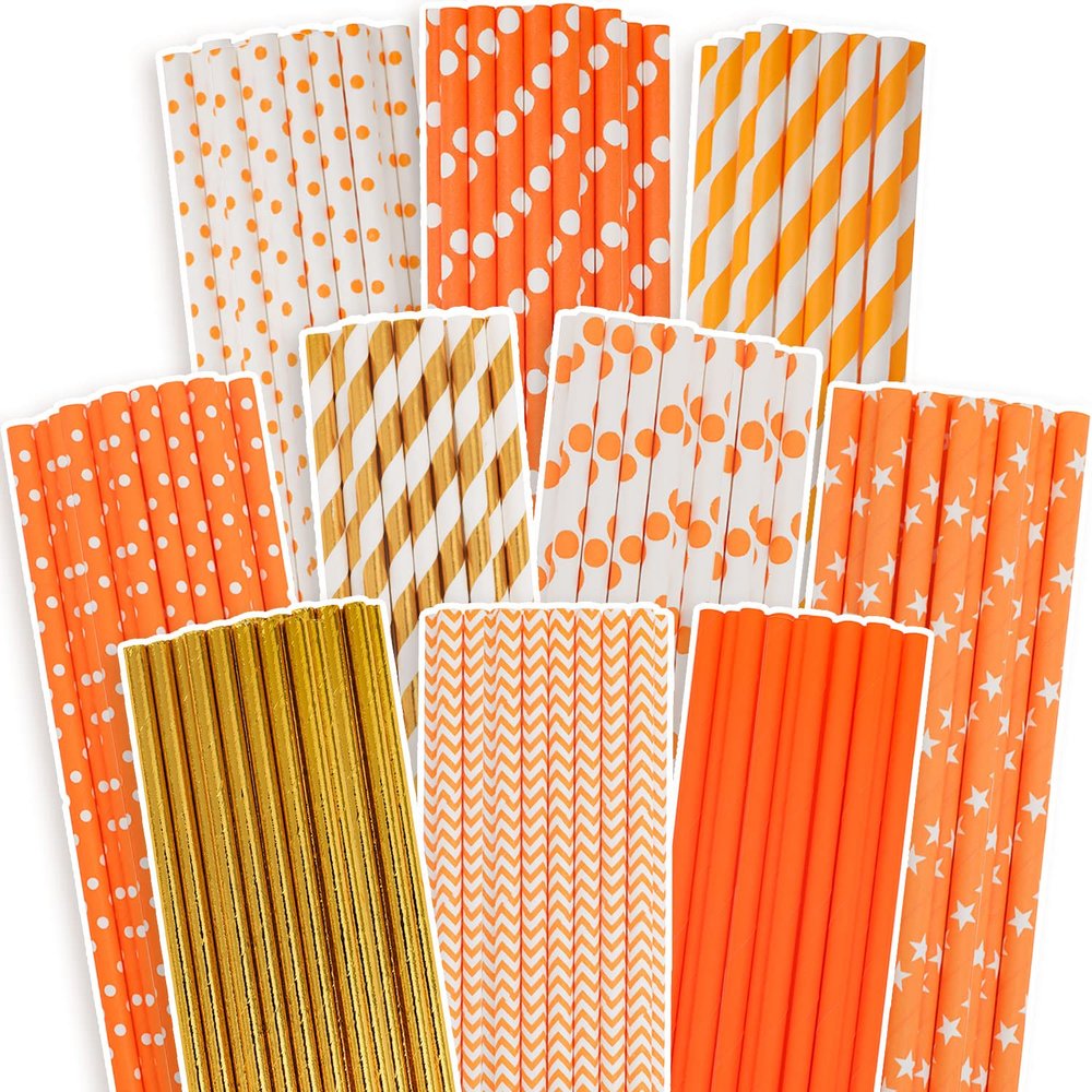 qiqee Gold Orange Disposable Straws for Drinking 150pcs Disposable Straws Bulk10 Pattern