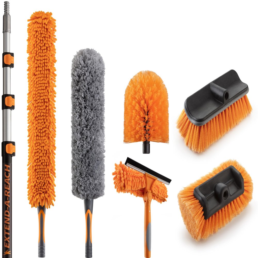 20 Foot High Ceiling Duster Kit and Scrub Brush with 4-12 ft Extension Pole // Telescoping Duster, Window Squeegee and Cobweb Duster with Extension Pole // Interior and Exterior House Cleaning Brushes