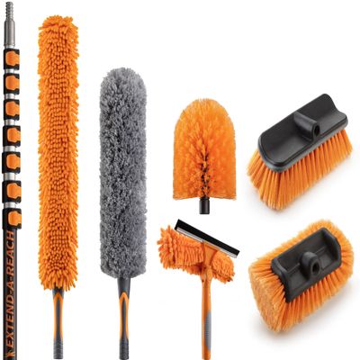 36 Foot High Reach Telescoping Duster Kit and Vinyl Siding Brushes with 5-30 ft Extension Pole // High Ceiling Cleaning and Window Washing kit // Exterior & Interior House and Gutter Cleaning Brush