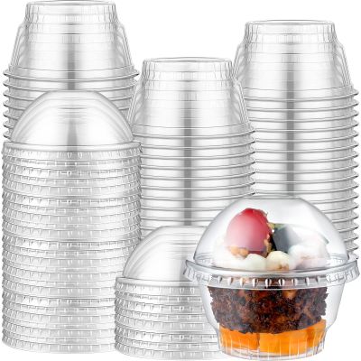 Dingion 200 Set 5oz Clear Plastic Cups Bulk Dessert Disposable Ice Cream Cups with Dome Lids with No Hole Crystal Party Favors for Fruit, Ice Cream, Cake, Cold Drinks Pudding Container