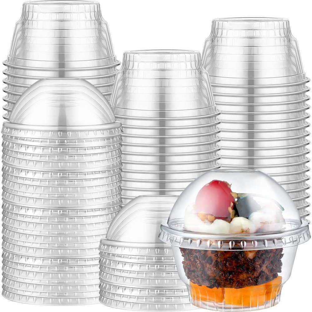 Dingion 200 Set 5oz Clear Plastic Cups Bulk Dessert Disposable Ice Cream Cups with Dome Lids with No Hole Crystal Party Favors for Fruit, Ice Cream, Cake, Cold Drinks Pudding Container