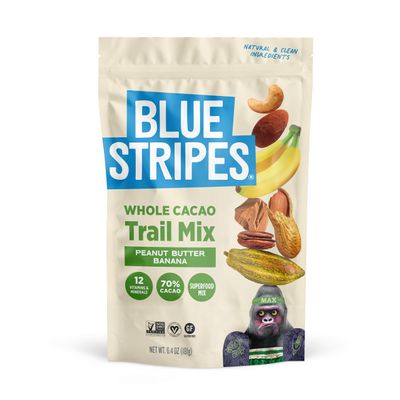 Blue Stripes - Trail Mix, Peanut Butter Banana, Cashews, Peanut Butter Chips, Healthy Snacks for Adults, Whole 70% Cacao, With Unrefined Sugar, Non GMO, Gluten Free, Vegan, 6.4 oz