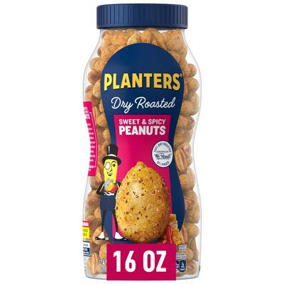 PLANTERS Dry Roasted Peanuts, Plant-Based Protein, Sweet and Spicy Party Snacks, Peanut Snack, 16 Oz Jar (Pack of 6)