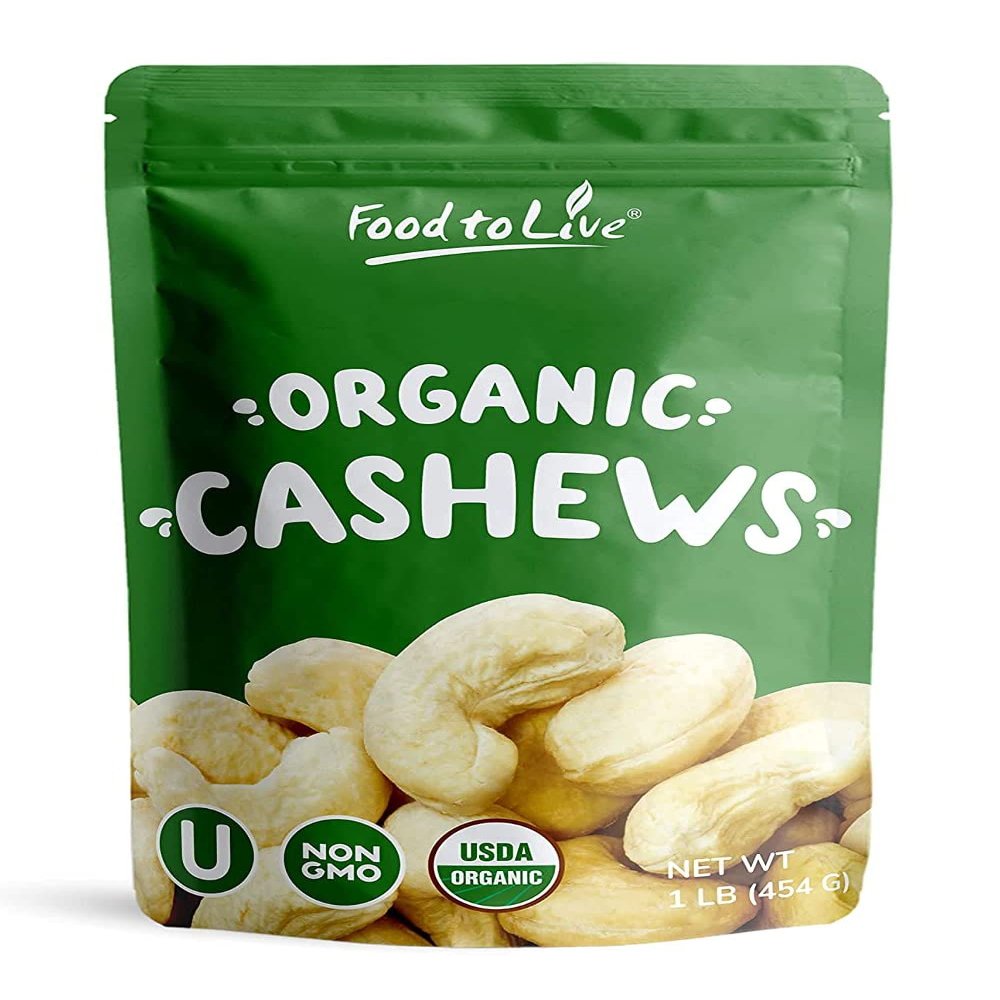 Food to Live Organic Dry Roasted Cashew Halves and Pieces with Himalayan Salt, 1 Pound  Non-GMO, Oven Roasted, Lightly Salted, No Oil Added, Vegan Snack, Keto, Bulk. High Protein. Great for Baking