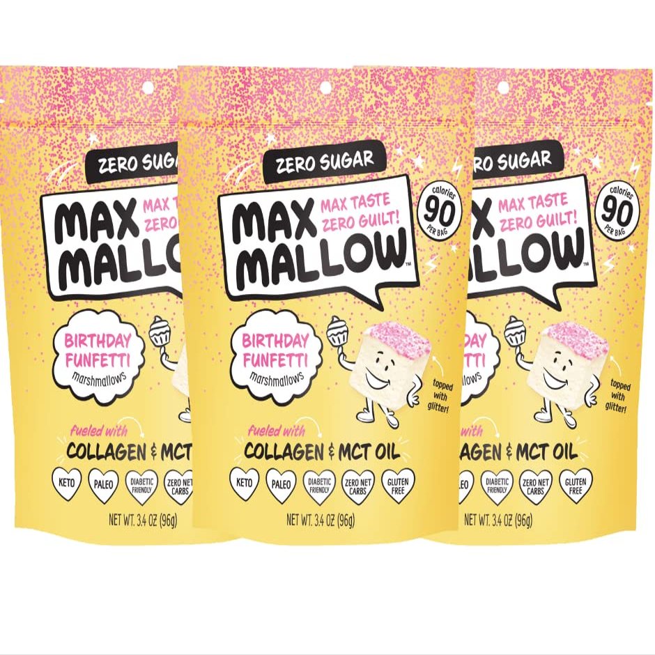 NEW RELEASE Know Brainer Snacks Low Carb Keto Birthday Funfetti with GLITTER Max Mallow - Atkins, Paleo, Diabetic Diet Health Snack -Gluten Free, Soy Free & Zero Sugar snack, Non-GMO Keto 3 pack 9.9oz
