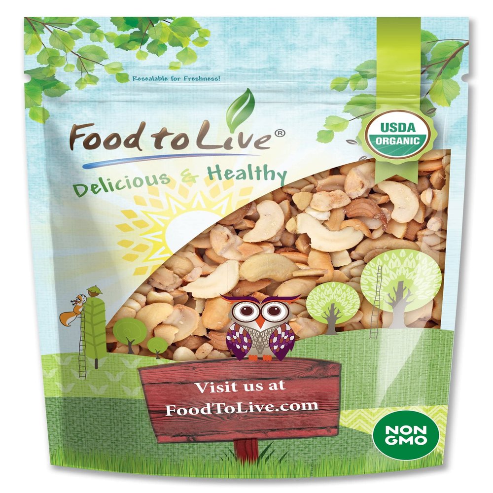 Food to Live Organic Dry Roasted Cashew Halves and Pieces with Himalayan Salt, 8 Ounces  Non-GMO, Oven Roasted, Lightly Salted, No Oil Added, Vegan Snack, Keto, Bulk. High Protein. Great for Baking