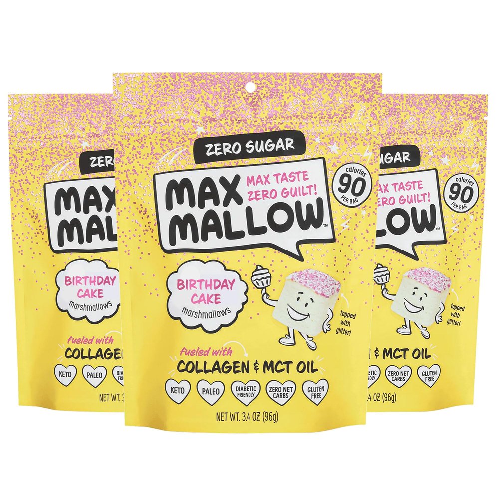 Max Mallow Sugar Free Marshmallows - Keto Friendly, Perfect for S'mores, Hot Chocolate, and Baking with Zero Sugar Snacks, Smores Mct Oil Zero Sugar Marshmellow Marshmallow Birthday Cake, 3 Pack