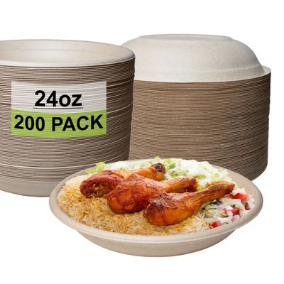 [200 Pack] 24 oz Round Disposable Compostable Paper Bowls Heavy-Duty, Eco-Friendly Natural Bagasse Unbleached, Heat Resistant, 100% Biodegradable Salad Bowls Alternative to Plastic