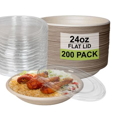 [200 Pack] 24 oz Round Disposable Compostable Paper Bowls with Lids Heavy-Duty, Eco-Friendly Natural Bagasse Unbleached, Heat Resistant, 100% Biodegradable Salad Bowls Alternative to Plastic
