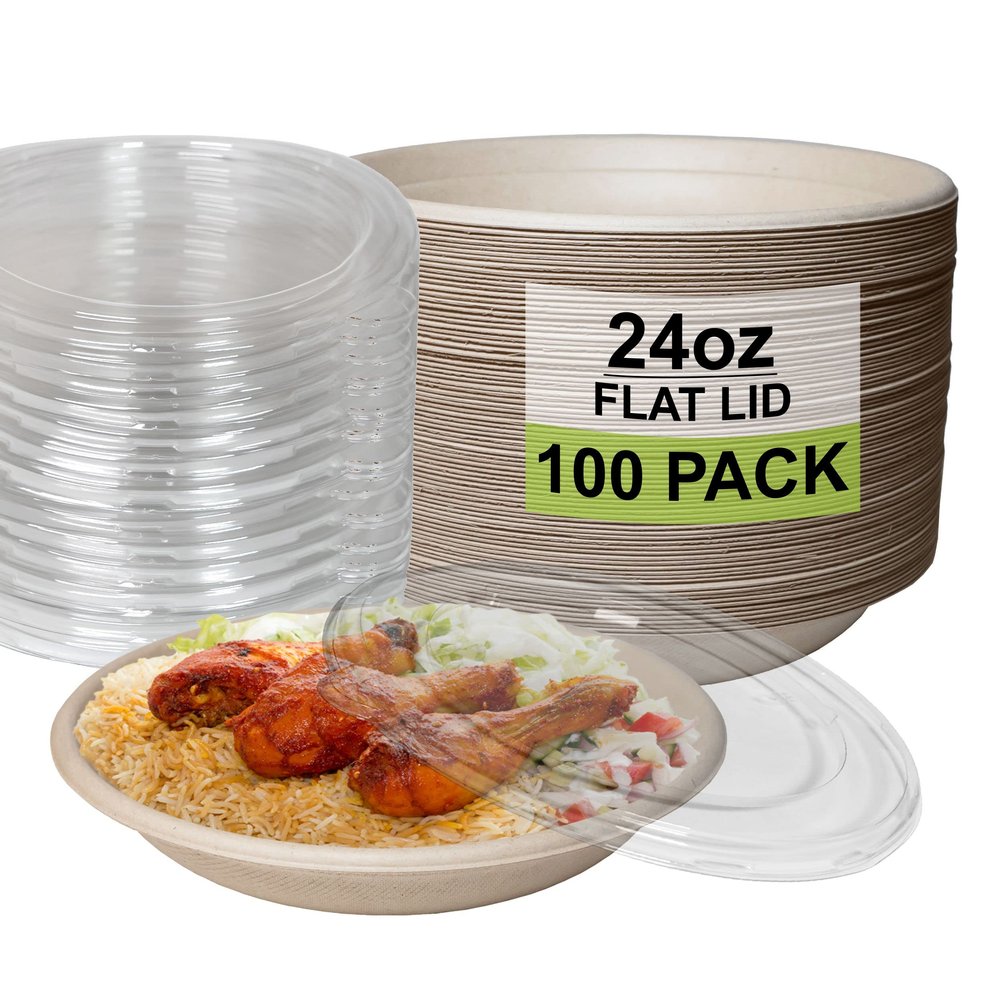 [100 Pack] 24 oz Round Disposable Compostable Paper Bowls with Lids Heavy-Duty, Eco-Friendly Natural Bagasse Unbleached, Heat Resistant, 100% Biodegradable Salad Bowls Alternative to Plastic
