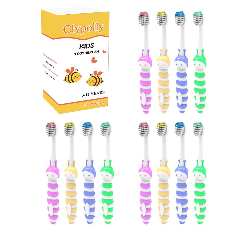 Clypolly Kids Bee Toothbrush, Soft Bristle Individually Wrapped Toothbrushes, Child Sized Brush Head, for Toddlers Girls and Boys 3-12 Years Pack of 12