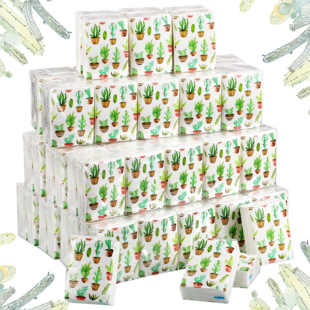 100 Pack Facial Tissue Mini Paper Pocket Tissues Small Size Travel Tissue Packs for Wedding Party Favors Graduation Celebration, 3 Ply, 2.8 x 2.2 In(Cactus)