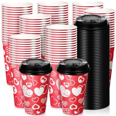 Raiten 50 Pack 12 oz Valentine's Day Disposable Coffee Cups with Lids Bulk, Valentine's Day Paper Cups, Heart Disposable Paper Cup Hot Coffee Cups for Shops Cafes Concession Stands(Warm Style)