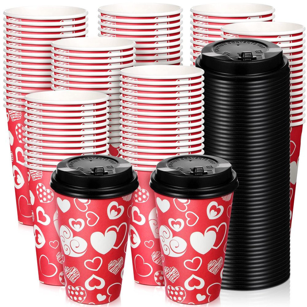 Raiten 50 Pack 12 oz Valentine's Day Disposable Coffee Cups with Lids Bulk, Valentine's Day Paper Cups, Heart Disposable Paper Cup Hot Coffee Cups for Shops Cafes Concession Stands(Warm Style)