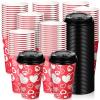 Raiten 50 Pack 12 oz Valentine's Day Disposable Coffee Cups with Lids Bulk, Valentine's Day Paper Cups, Heart Disposable Paper Cup Hot Coffee Cups for Shops Cafes Concession Stands(Warm Style) view 1