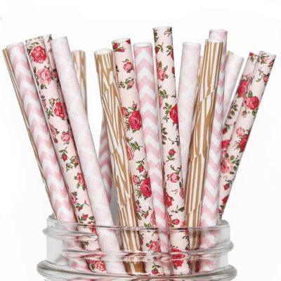 100 pcs Mixed Party Paper Straws Bulk, Vintage Light Pink Floral Damask Chevron Brown Wood Grain Drinking Straws, Birthday Baby Bridal Shower Wedding Cake Pop Sticks (Rustic Roses)