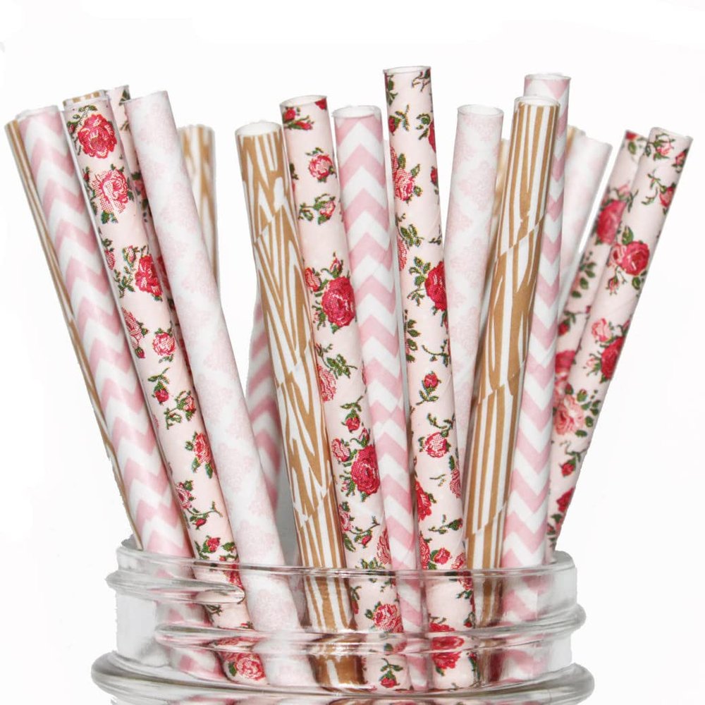 100 pcs Mixed Party Paper Straws Bulk, Vintage Light Pink Floral Damask Chevron Brown Wood Grain Drinking Straws, Birthday Baby Bridal Shower Wedding Cake Pop Sticks (Rustic Roses)