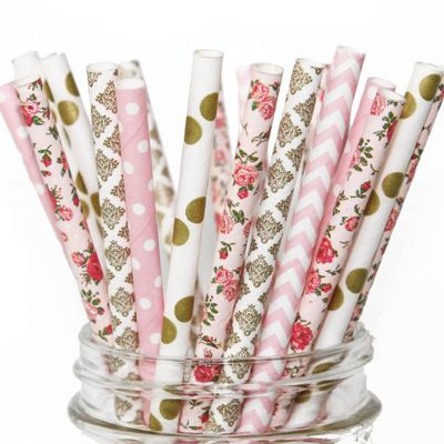 100 pcs Mixed Party Paper Straws Bulk, Vintage Light Pink Gold Dot Chevron Damask Floral Drinking Straws, Girl Birthday Baby Bridal Shower Wedding Cake Pop Sticks (Tea Party)