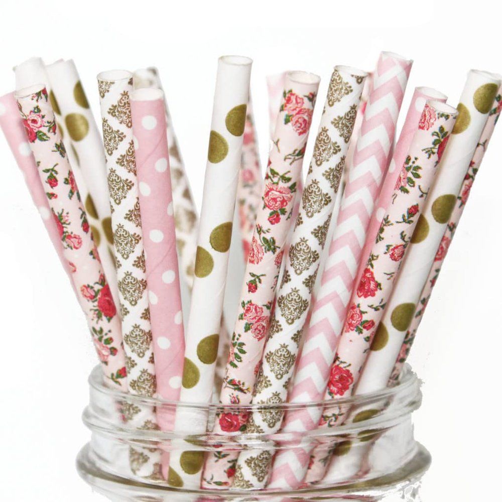 100 pcs Mixed Party Paper Straws Bulk, Vintage Light Pink Gold Dot Chevron Damask Floral Drinking Straws, Girl Birthday Baby Bridal Shower Wedding Cake Pop Sticks (Tea Party)