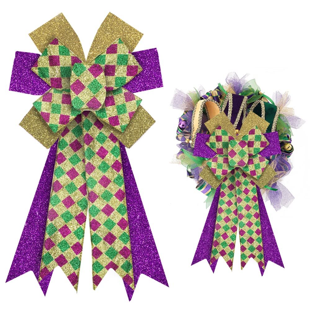 ALIBBON Large Mardi Gras Bows for Wreaths, Mardi Gras Wreath Bows, Glitter Purple Gold Green Bows, Buffalo Plaid Bows for Front Door, Mardi Gras Decorations Bows for Mardi Gras Carnival Decor