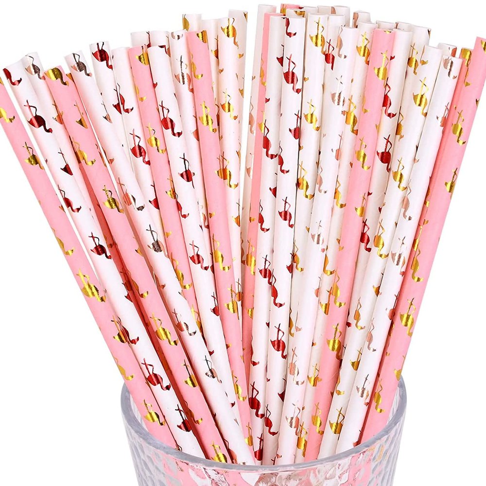 100 pcs Mixed Party Paper Straws Bulk, Light Pink Red Rose Gold Foil Flamingo Drinking Straws, Luau Beach Pool Birthday Baby Bridal Shower Wedding Cake Pop Sticks (Flamingo)