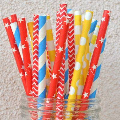 100 pcs Mixed Party Paper Straws Bulk, Blue Yellow Red Star Chevron Sailor Stripe Dot Drinking Straws, Circus Super Hero Birthday Baby Shower Wedding Cake Pop Sticks (Primary Days)