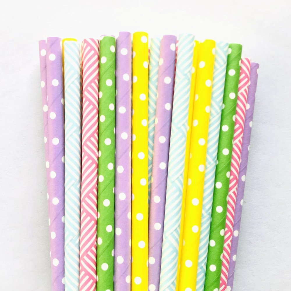100 pcs Mixed Party Paper Straws Bulk, Colorful Easter Spring Hot Pink Green Weave Blue Yellow Lilac Swiss Dot Drinking Straws Bulk, Birthday Baby Bridal Shower Wedding Cake Pop Sticks (Easter Basket)