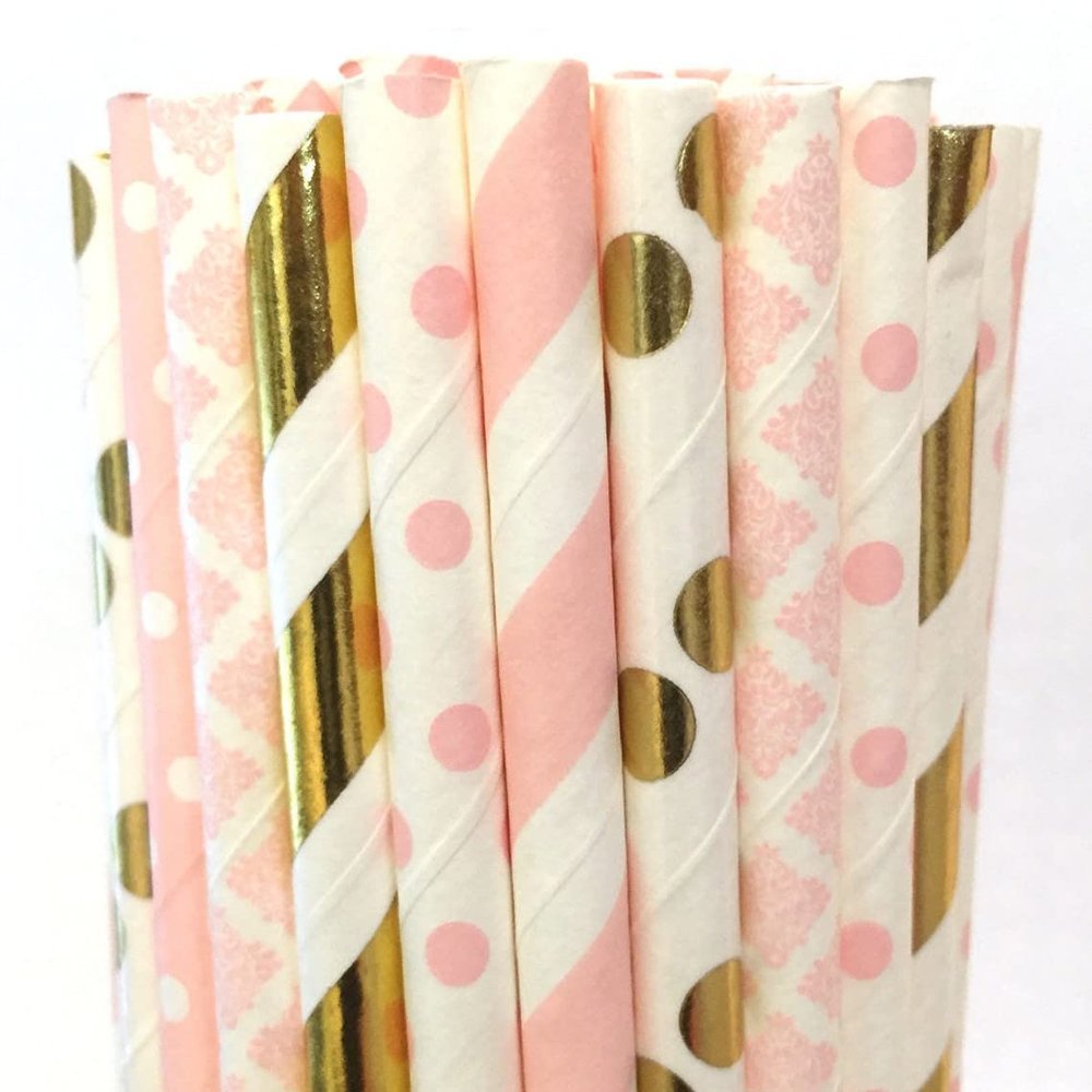 100 pcs Mixed Party Paper Straws Bulk, Vintage Light Pink Gold Foil Dot Stripe Damask Drinking Straws, First Birthday Baby Bridal Shower Wedding Cake Pop Sticks (Vintage 01)