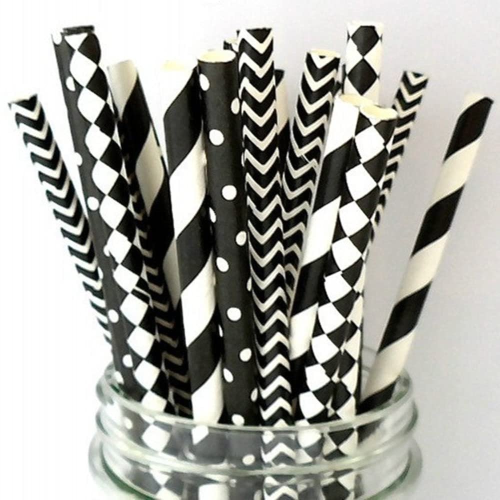 100 pcs Mixed Party Paper Straws Bulk, Black White Stripe Chevron Swiss Dot Harlequin Diamond Drinking Straws Bulk, Halloween New Year Biodegradable Bridal Shower Wedding Cake Pop Sticks (Masquerade)