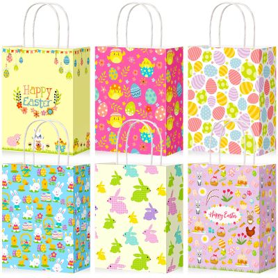 24 Pieces Easter Gift Bags Bulk, Easter Party Bags Supplies, Easter Paper Bags with Handles, Bunny Paper Cookie Candy Treat Goodie Bags for Easter Kids Boys Girls Birthday Party Favors Gift Wrapping