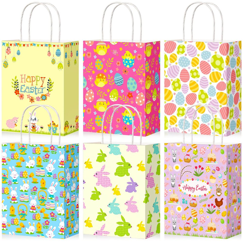 24 Pieces Easter Gift Bags Bulk, Easter Party Bags Supplies, Easter Paper Bags with Handles, Bunny Paper Cookie Candy Treat Goodie Bags for Easter Kids Boys Girls Birthday Party Favors Gift Wrapping