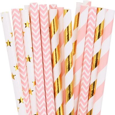 100 pcs Mixed Party Paper Straws Bulk, Vintage Light Pink Gold Foil Striped Star Chevron Drinking Straws Bulk, Girl First Birthday Baby Bridal Shower Wedding Cake Pop Sticks (Vintage 02)