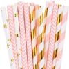 100 pcs Mixed Party Paper Straws Bulk, Vintage Light Pink Gold Foil Striped Star Chevron Drinking Straws Bulk, Girl First Birthday Baby Bridal Shower Wedding Cake Pop Sticks (Vintage 02) view 1