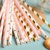 100 pcs Mixed Party Paper Straws Bulk, Vintage Light Pink Gold Foil Striped Star Chevron Drinking Straws Bulk, Girl First Birthday Baby Bridal Shower Wedding Cake Pop Sticks (Vintage 02) view 4